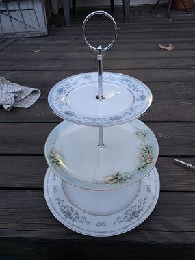 Three-Tier Porcelain Serving Stand in White with Floral Accents